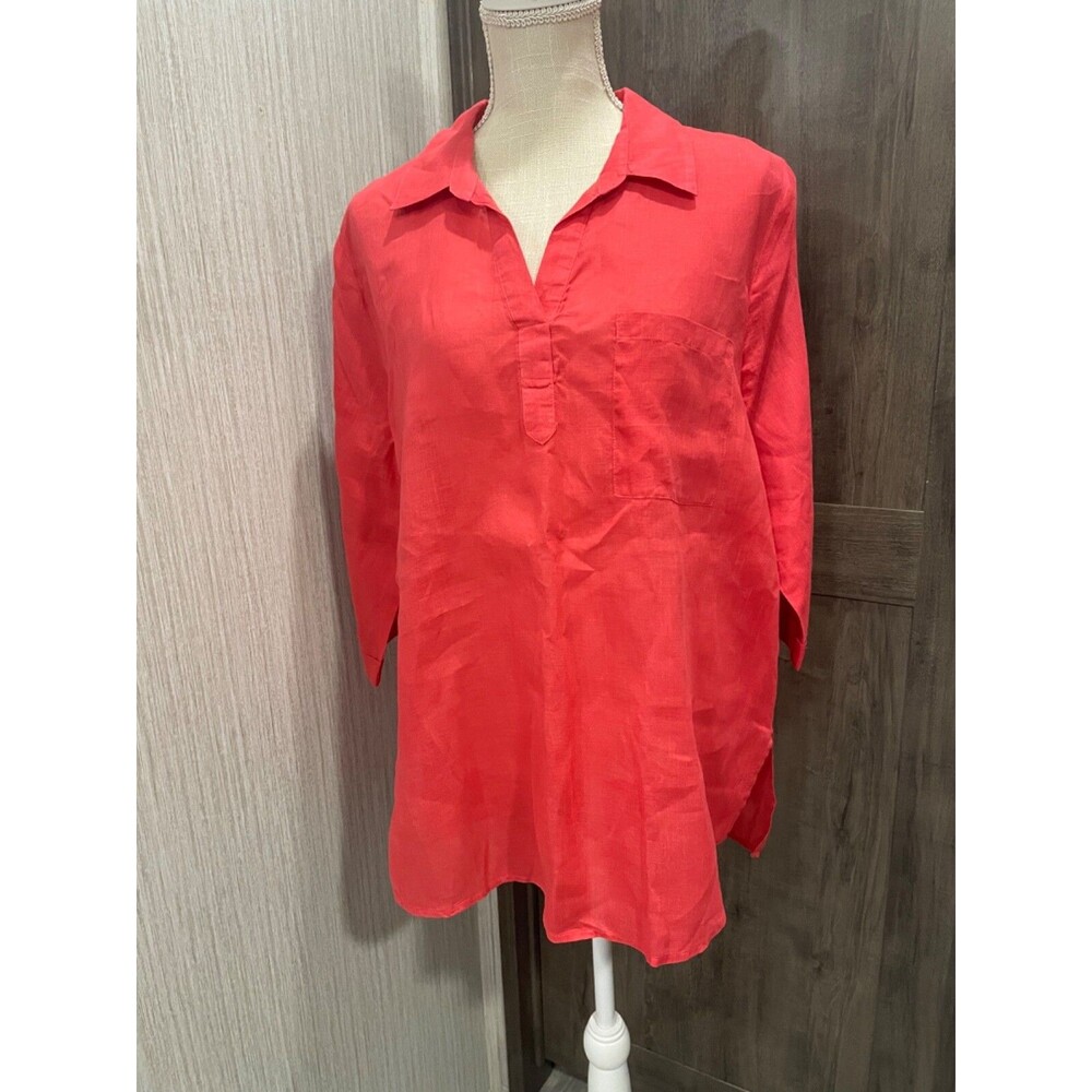 Ellen Tracy tunic top, 100% Linen, slip on, one pockets, 3/4 sleeve, Melon color